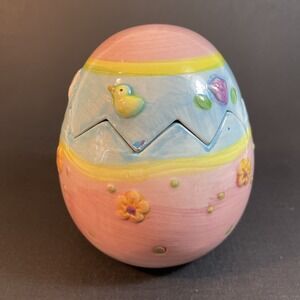 Easter Egg Ceramic Candy Dish Pastel Pink Blue Yellow Zig Zag Lid Spring Decor